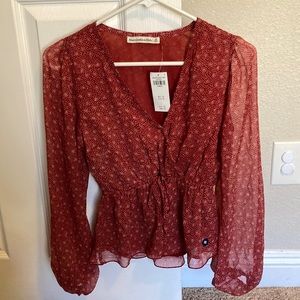 Abercrombie red tie waist peplum chiffon blouse